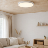 Plafond LED en métal blanc et en plastique colorant par opale, avec des LED-in Fermement construites Ø Env. 25 cm. en situation