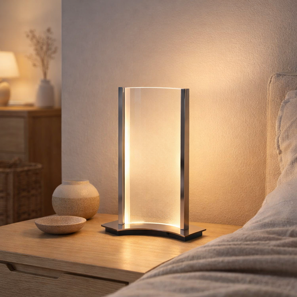 Lampe de table à LED Paul en métal et en acrylique avec des LED fermement installées, 32 cm de haut en situation