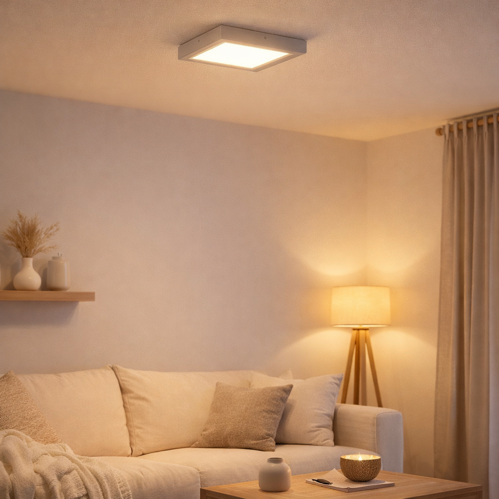 Panneau d'assemblage LED lampe à coups en aluminium gris clair et en plastique blanc avec des LED fermement construites, 16,8 x 16,8 cm, pratiques et autres intérieurs en situation