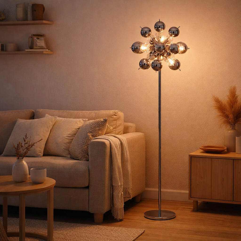 Lampe debout explosion en chrome, lampadaire en métal et en verre, chrome, G9, lampadaire 169 cm de haut en situation