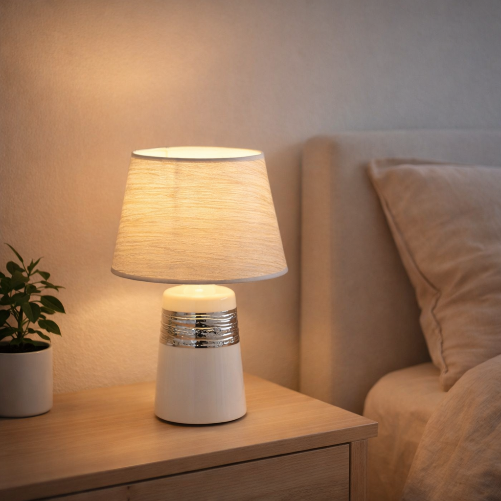Lampe de table en céramique Vittoria 31 cm de haut, Ø 20 cm, en céramique, métal et tissu en polyester, blanc et argent en situation