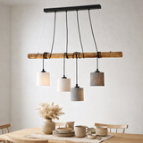 4 pendentif Malte en métal et en bois, avec parasols textiles en gris et blanc, socket e27, éclairage pour le salon, le bureau ou la table de chevet en situation