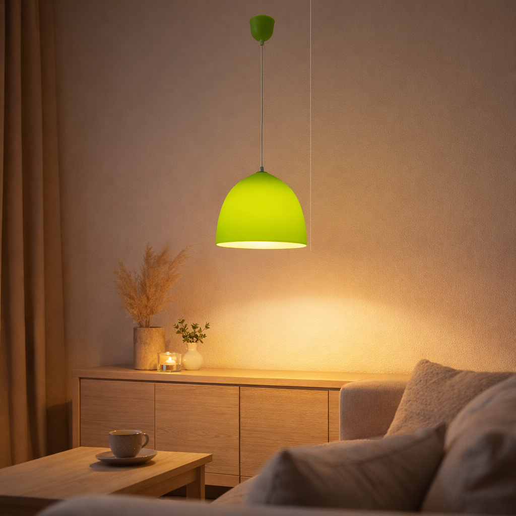 Lampe à pendentif en silicone Catinus Ø 25cm, en silicone vert, E27 en situation