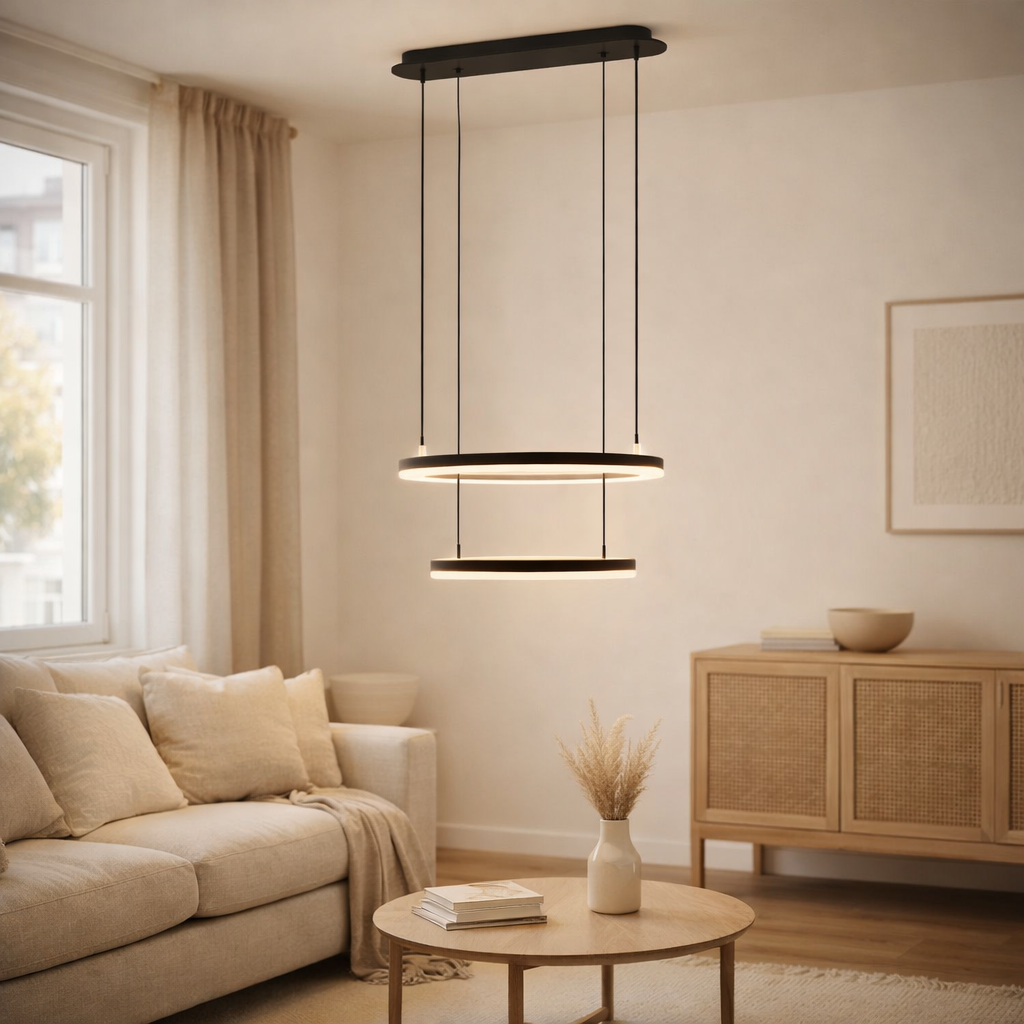 LED CCT Pendant Light circulo en métal noir et en plastique de couleur sable, avec LED intégrée et de nombreuses fonctions, Ø 60 cm, 150 cm de haut. en situation