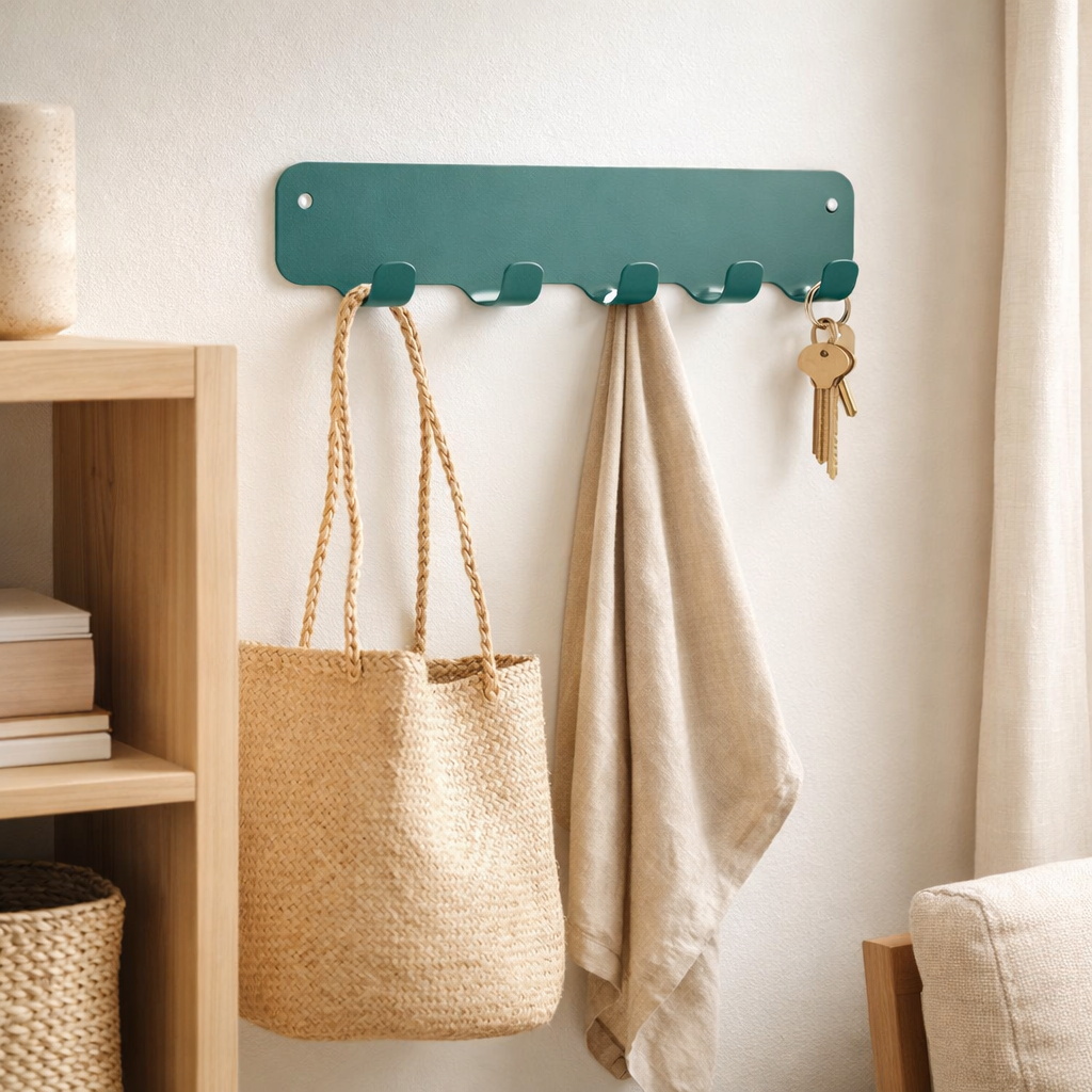 Gorillz Rounded Four Industrial Wall Coat Rack 4 Coat Rack Hooks - Turquoise en situation