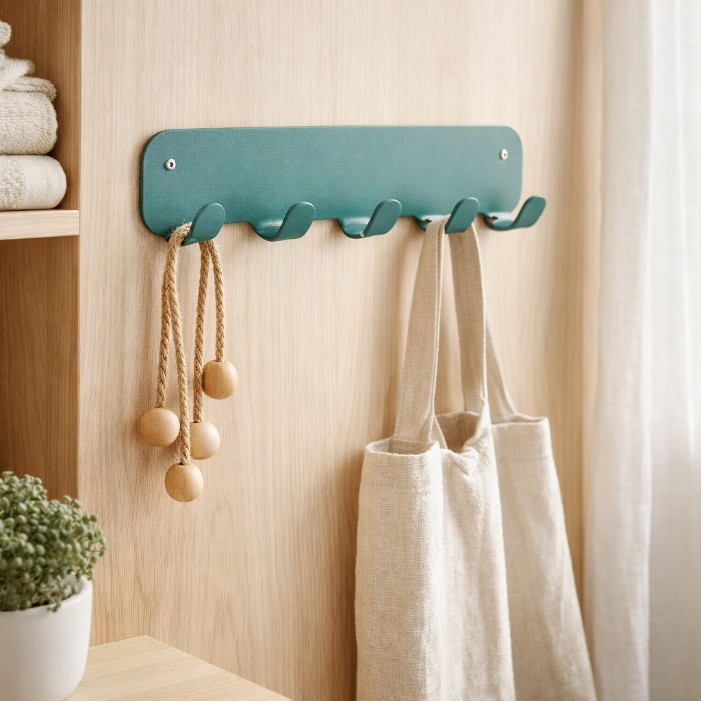 Gorillz Rounded Four Industrial Wall Coat Rack 4 Coat Rack Hooks - Turquoise en situation