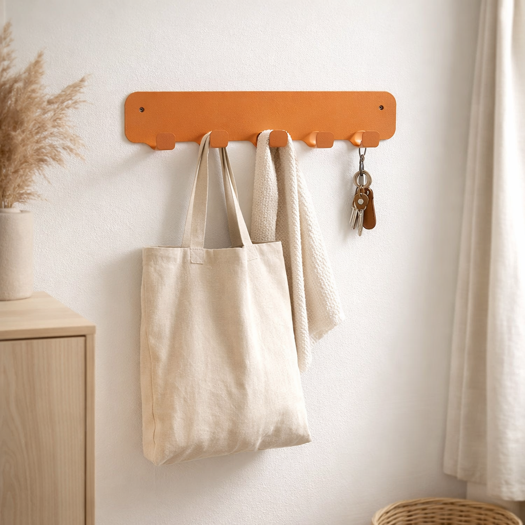 Gorillz Rounded Four Industrial Wall Coat Rack 4 Coat Rack Hooks - Orange en situation
