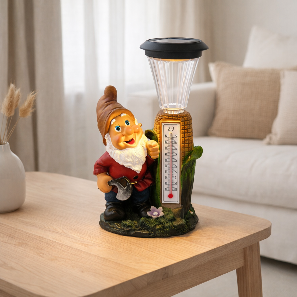 Décoration LED Nain avec un thermomètre en polyréine peinte, environ 26 cm de haut et équipée de LED fermement installées en situation