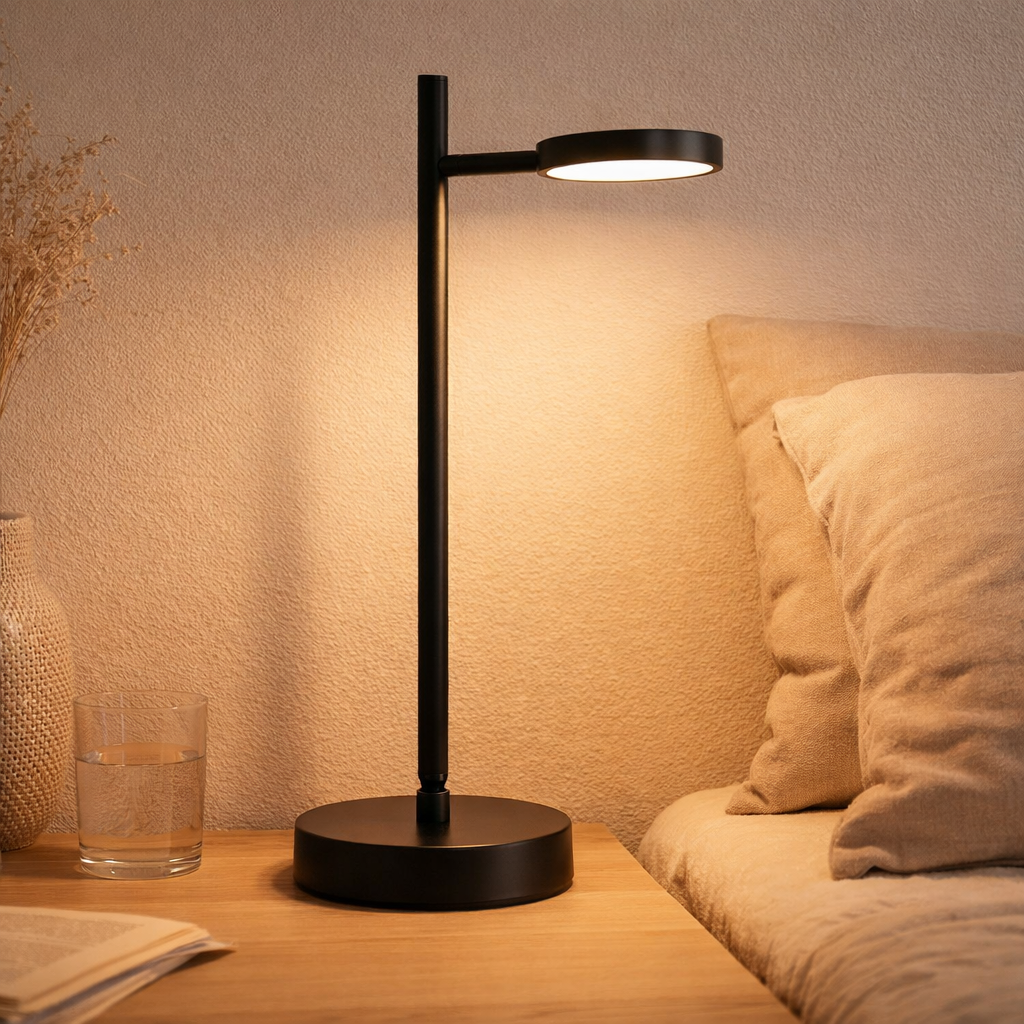 LED sans fil Light Light Lupa, 45 cm de haut, en aluminium peint (noir) et en plastique blanc, à LED intégré, dimmable, capteur tactile. en situation