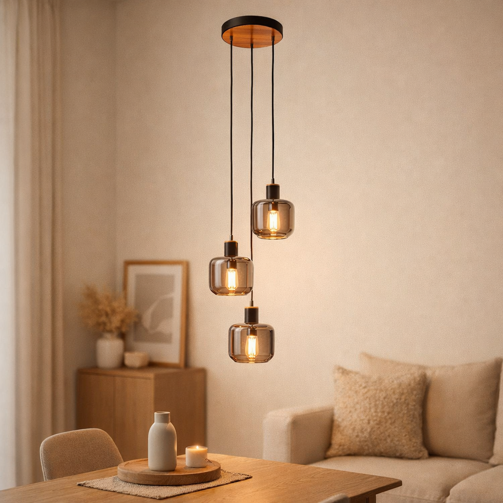 3 plafonds Fumoso, pendant lampe en métal et en verre en noir, avec douille E14, pour salle à manger, salon, hall ou bureau, lampe suspendue hauteur totale 123 cm. en situation
