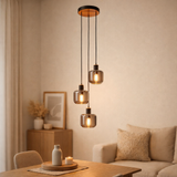 3 plafonds Fumoso, pendant lampe en métal et en verre en noir, avec douille E14, pour salle à manger, salon, hall ou bureau, lampe suspendue hauteur totale 123 cm. en situation