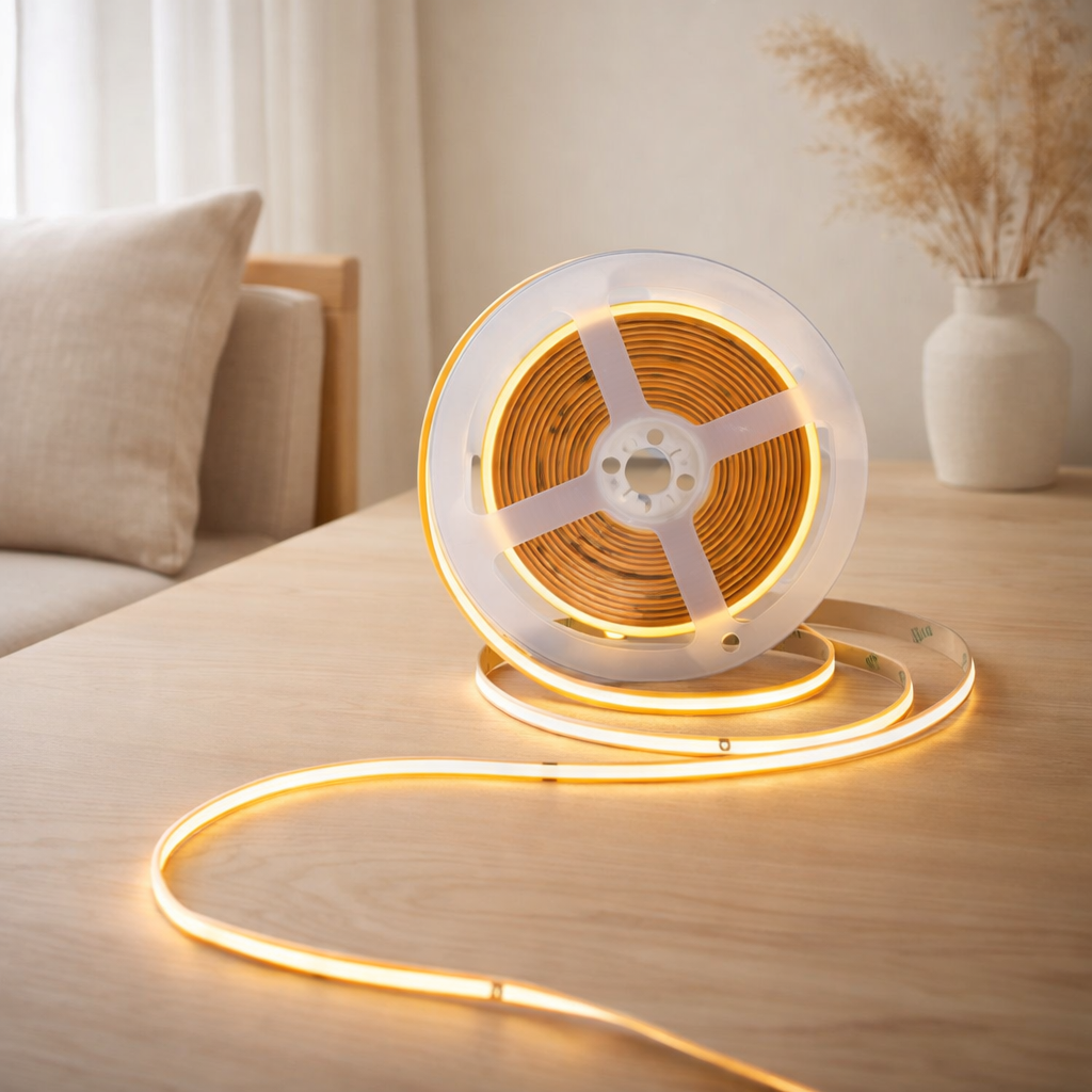 Stripe LED de COB 5 mètres, blanc / transparent, dimmable avec fonction de mémoire en situation