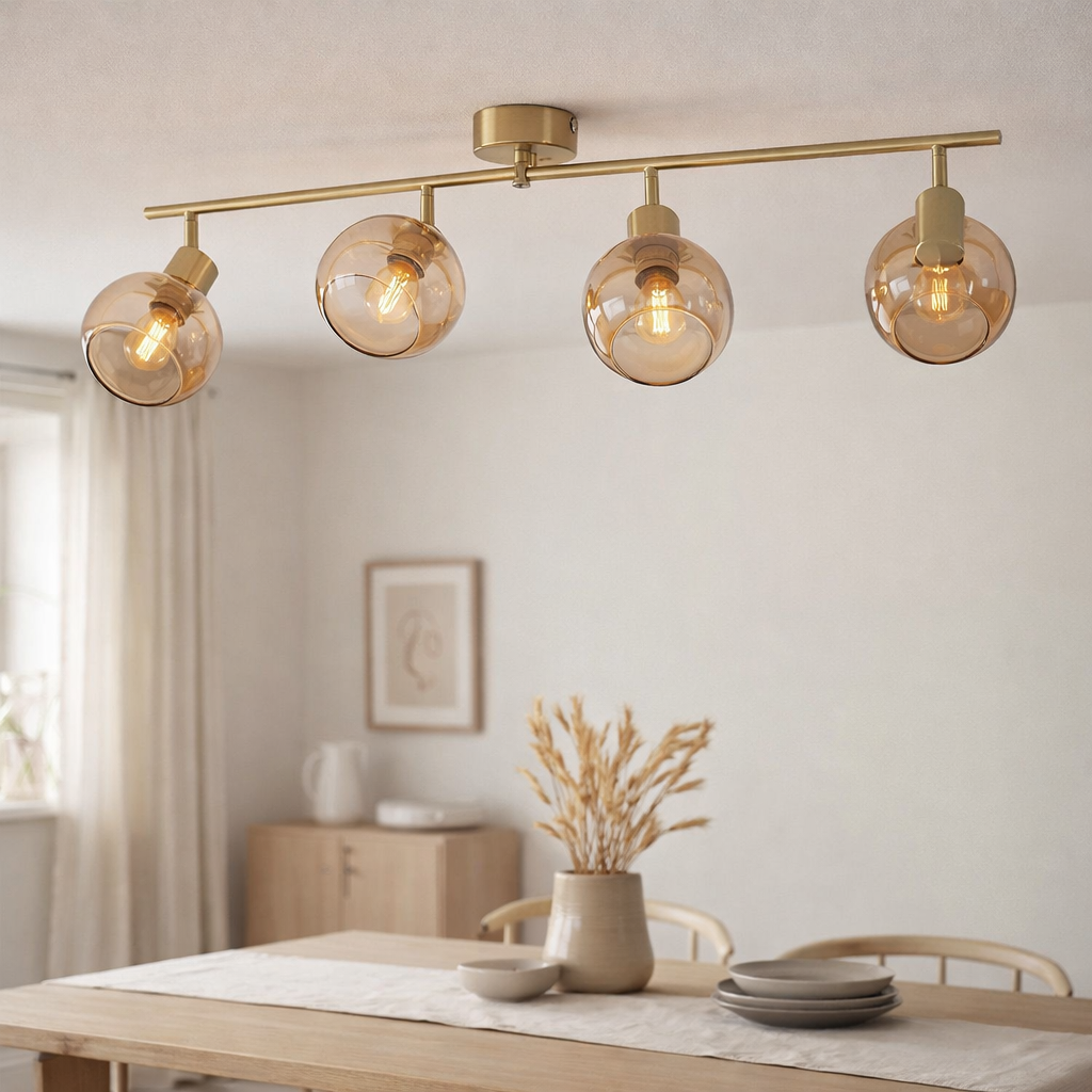 4er Spot / plafond Libby, plafond classique en métal de couleur en laiton et verre teinté en ambre, avec socket E14, pour salle à manger, salon, couloir ou bureau, 80 cm de long en situation