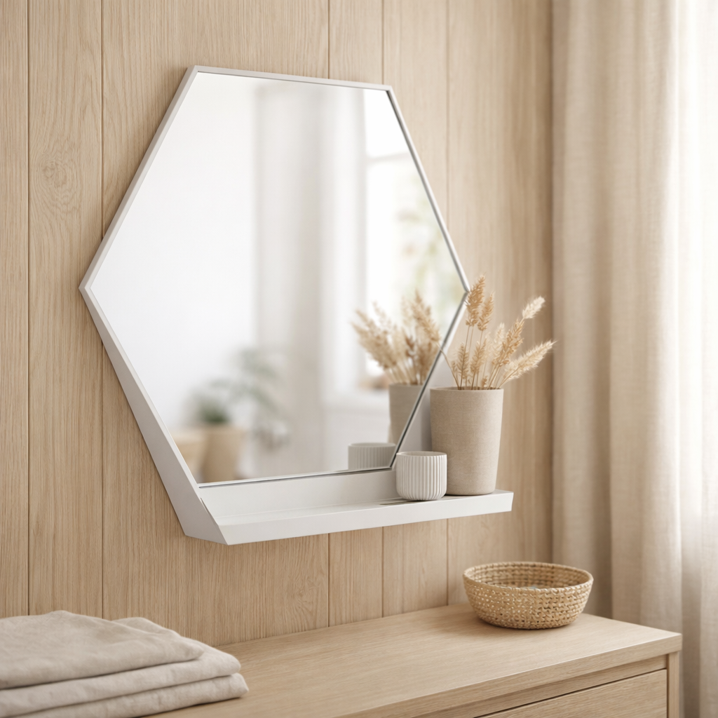 Miroir mural Gorillz Hive avec étagère - Miroir hexagonal - 60 x 52 cm - Blanc industriel en situation