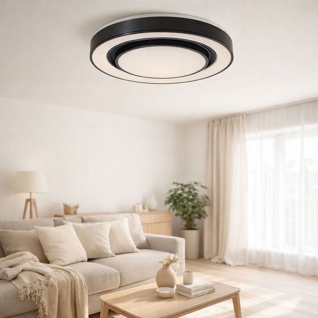 Plafond LED Monterey Ø 47,5 cm, de nombreuses fonctions, en métal et en plastique en noir, avec des LED intégrées, un éclairage pour les salons, le couloir ou le bureau en situation