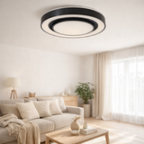 Plafond LED Monterey Ø 47,5 cm, de nombreuses fonctions, en métal et en plastique en noir, avec des LED intégrées, un éclairage pour les salons, le couloir ou le bureau en situation