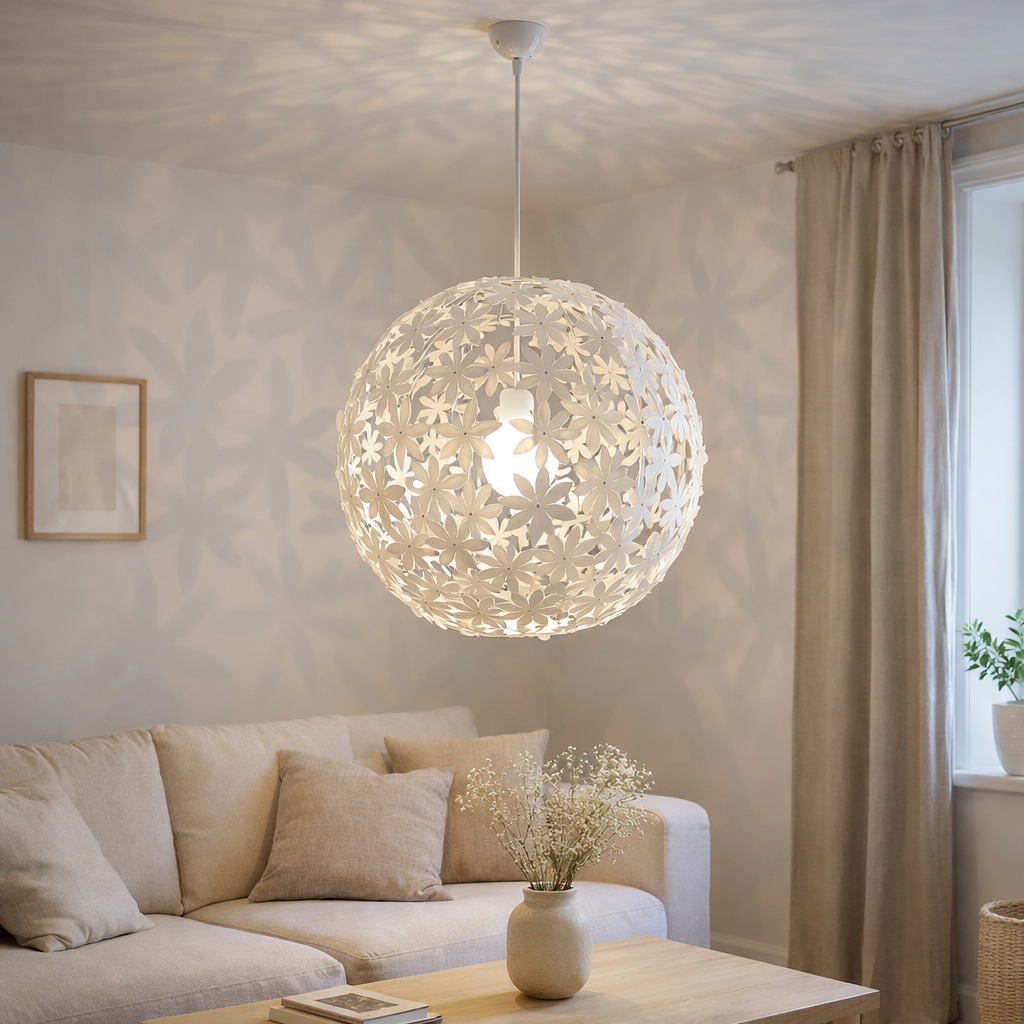 Pendentif prairie fleurie Ø 55 cm, fleurs en plastique, socket e27 en situation