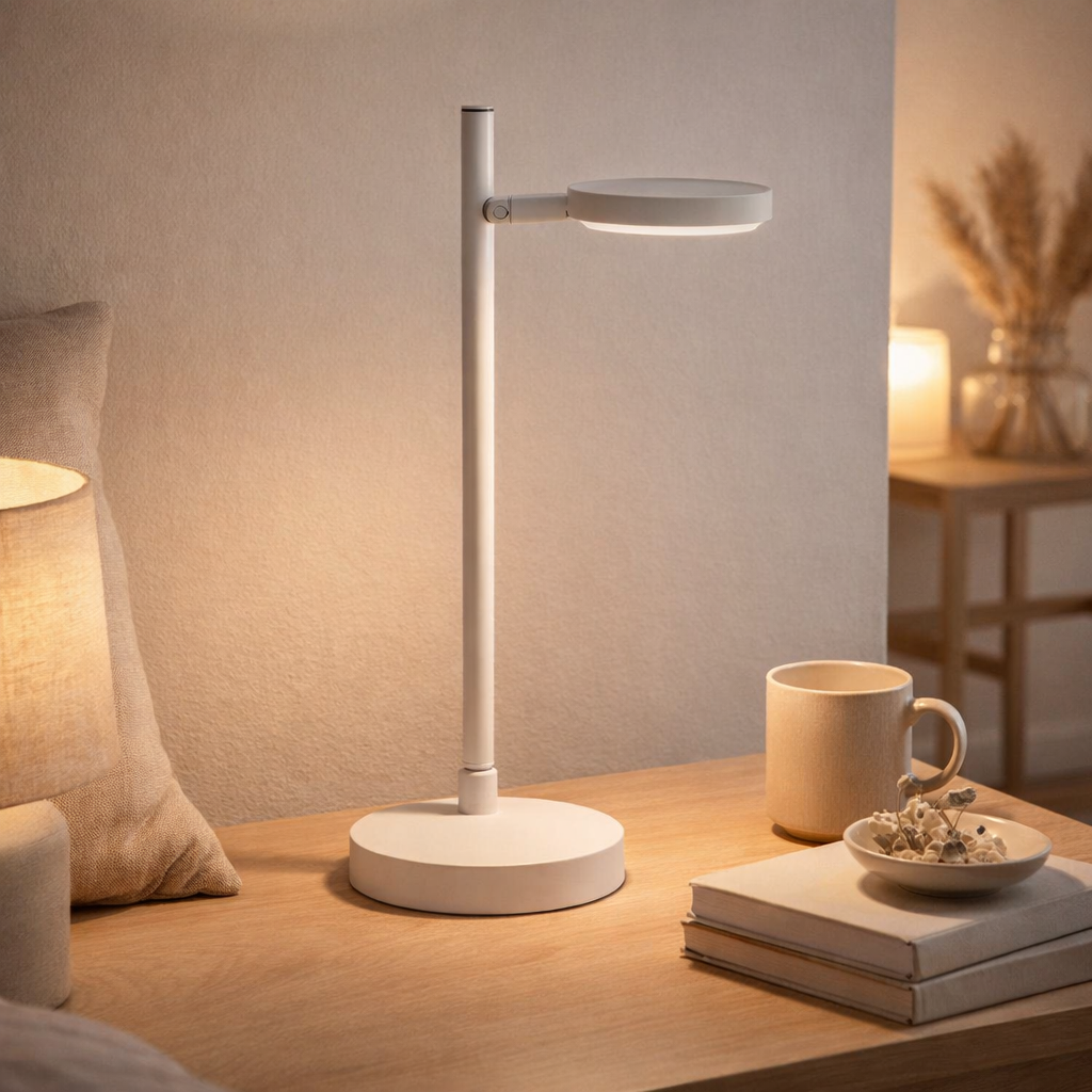 LED LED sans fil Lupa, 45 cm de haut, en aluminium laqué (blanc) et en plastique blanc, un capteur tactile à LED intégré, dimmable. en situation