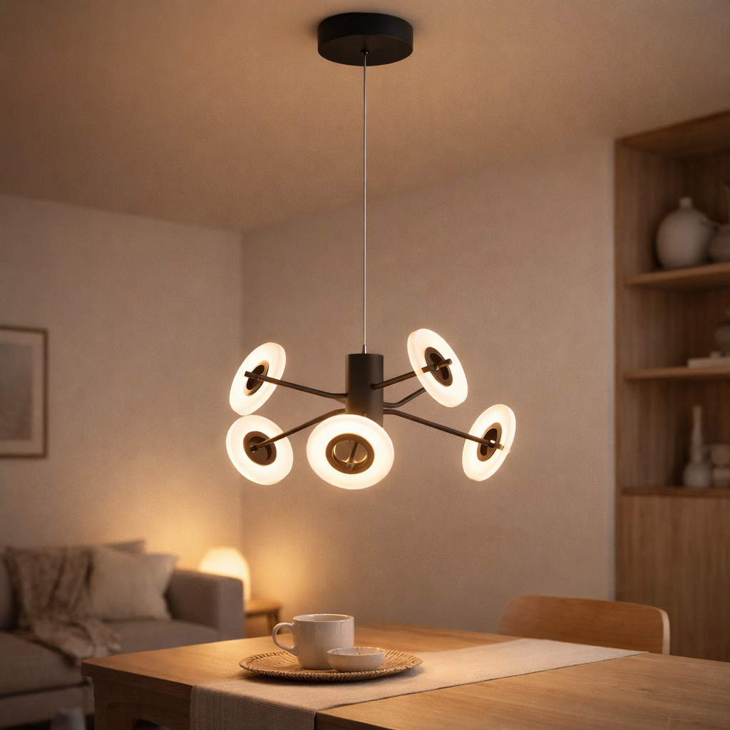 LED PENDANT Light Discus en métal noir et en plastique blanc avec des LED fermement construites, la lampe suspendue pour la salle à manger, le salon, le couloir ou le bureau avec un Øvon env. 57 cm en situation