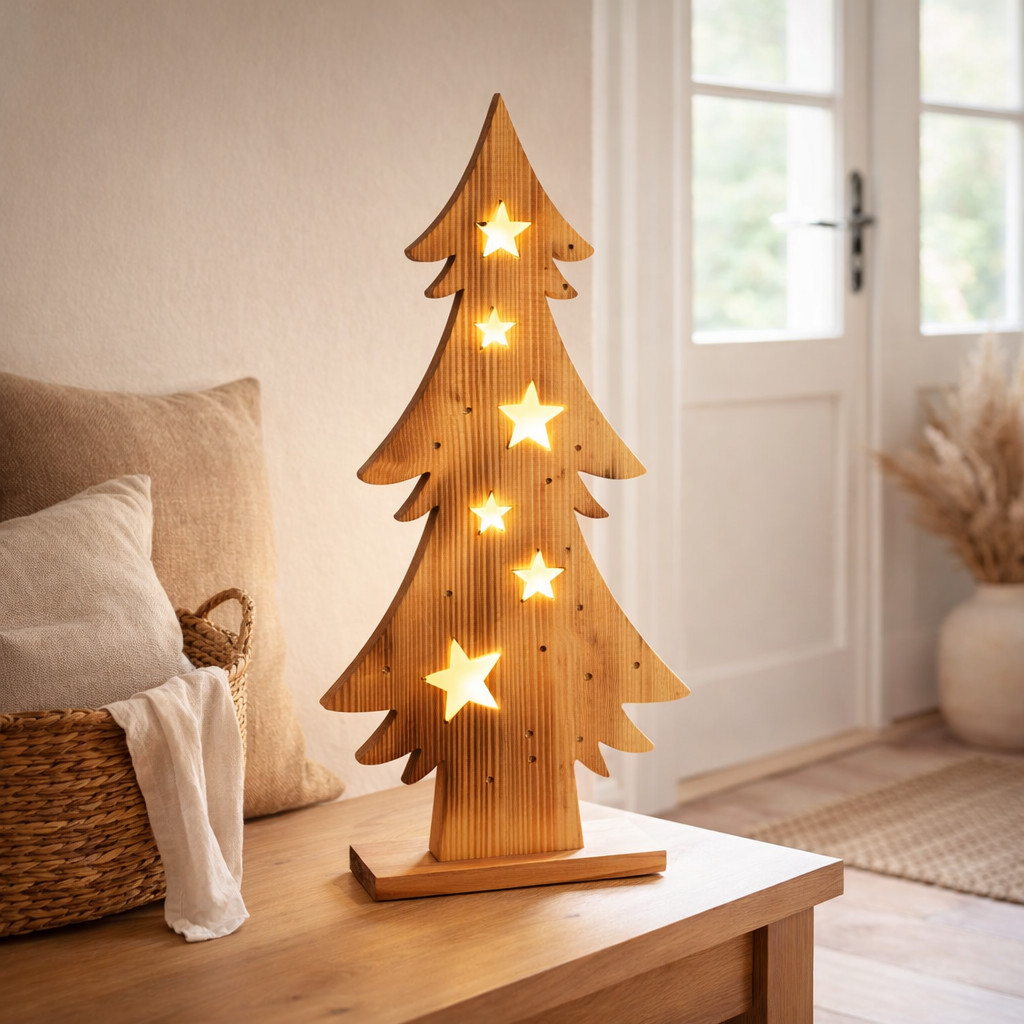Decole en bois LED sapin grand, en bois naturel avec LED fixes, décoration de Noël pour l'extérieur en situation