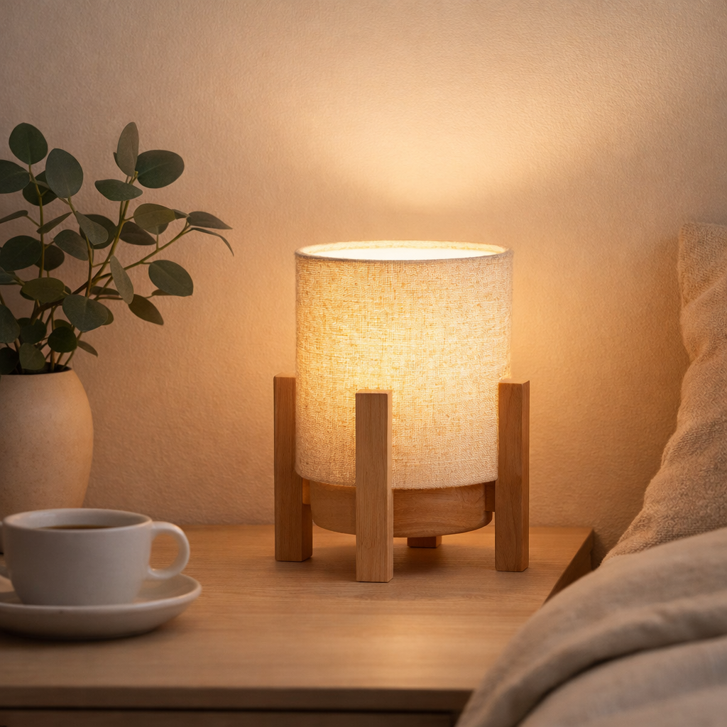 Lampe ackitique Madita 19 cm de haut, en blanc / nature, avec LED intégrée, dimmable avec capteur tactile en situation