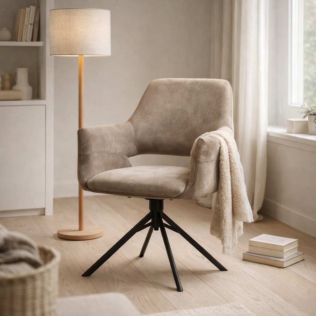 Fauteuil katy - tissu aurore velours du foie - trame ukfr, tourne le pied en situation