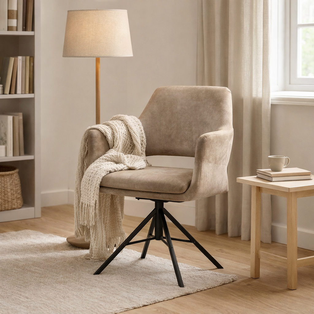 Fauteuil katy - tissu aurore velours du foie - trame ukfr, tourne le pied en situation