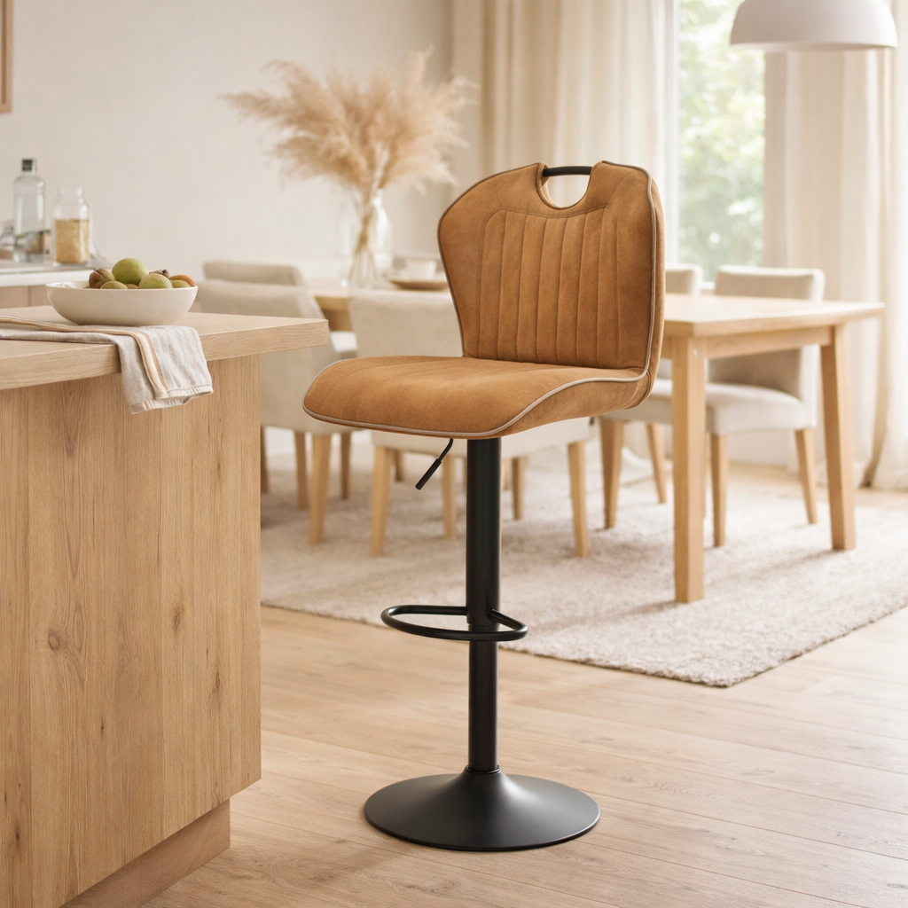 Tabouret de bar Cordoba noir - tissu cognac doux en situation