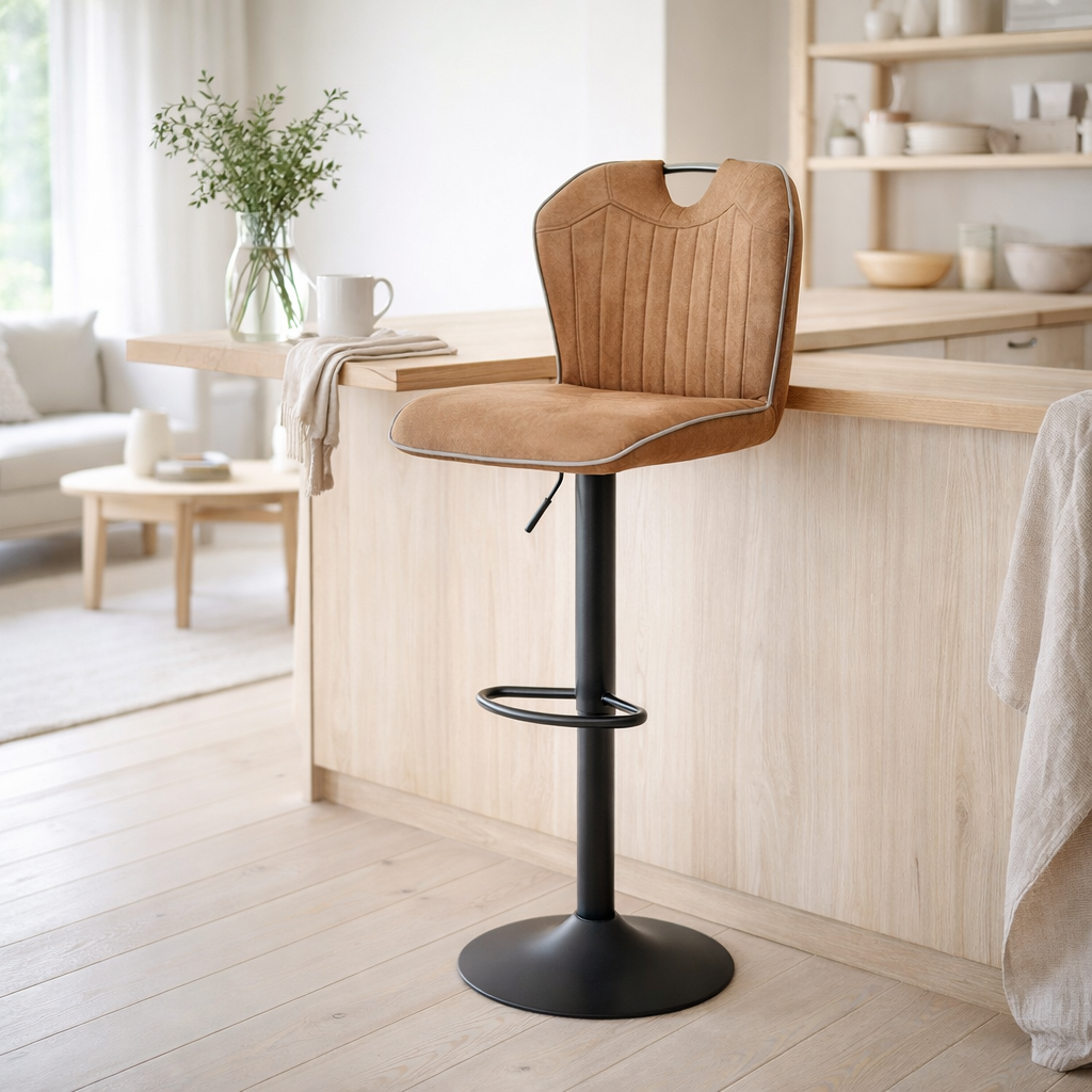 Tabouret de bar Cordoba noir - tissu cognac doux en situation