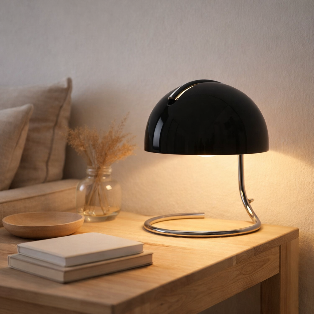 Lampe de table Burano noir, env. 25 cm de haut, Ø 23,5 cm, en métal et en verre noir color en chrome, E27. en situation