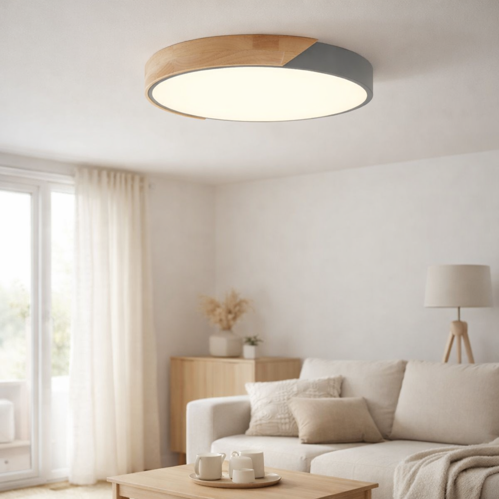 Plafond LED Bornéo, Ø 31 cm en métal et en plastique en gris, LED intégrés, éclairage pour le salon, couloir et bureau en situation