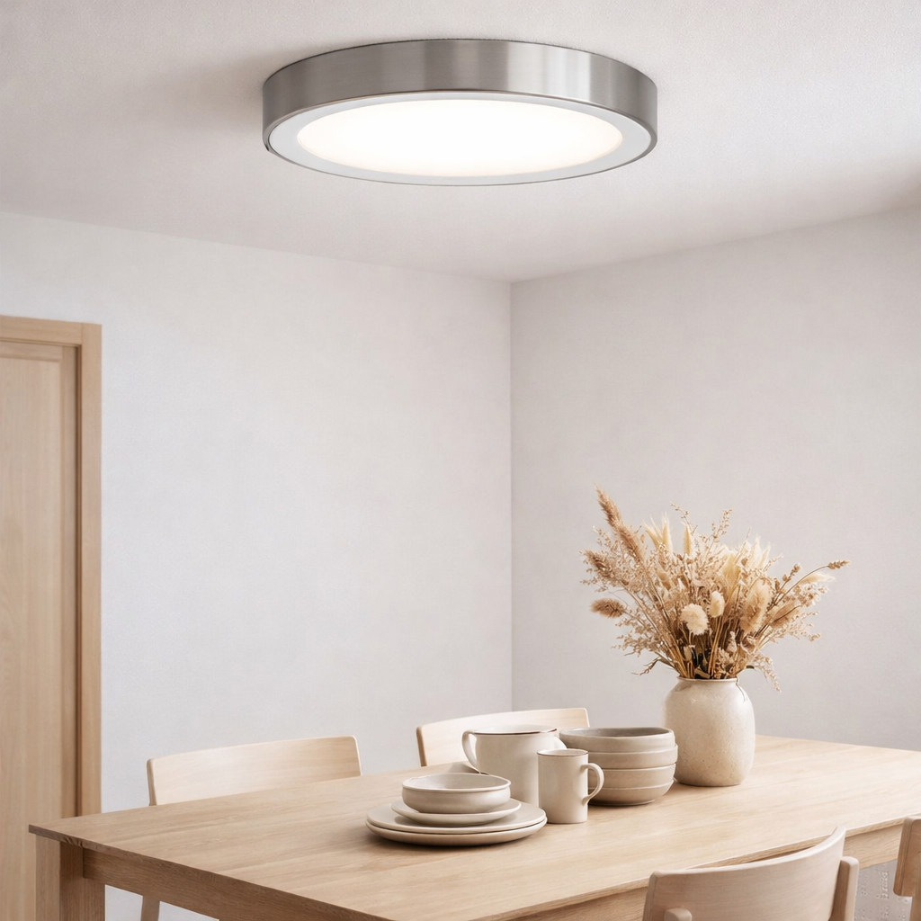 Plafond LED Mulo Ø 46,5 cm, de nombreuses fonctions, en métal et en plastique, avec des LED intégrées, un éclairage pour le salon, le bureau ou la table de chevet en situation