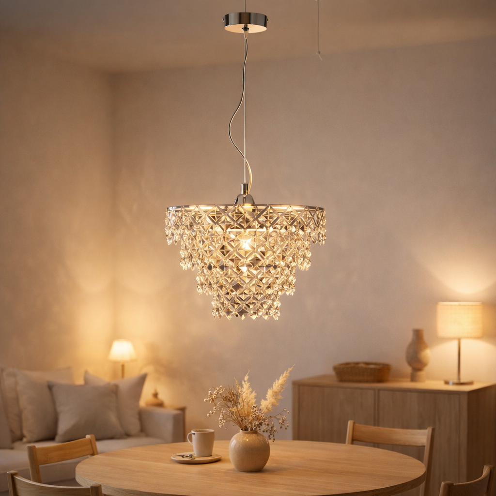 La lampe à pendentif en acrylique fantaisie, lustre moderne en métal et en plastique en chrome, avec version E27 et un Øvon 38 cm en situation