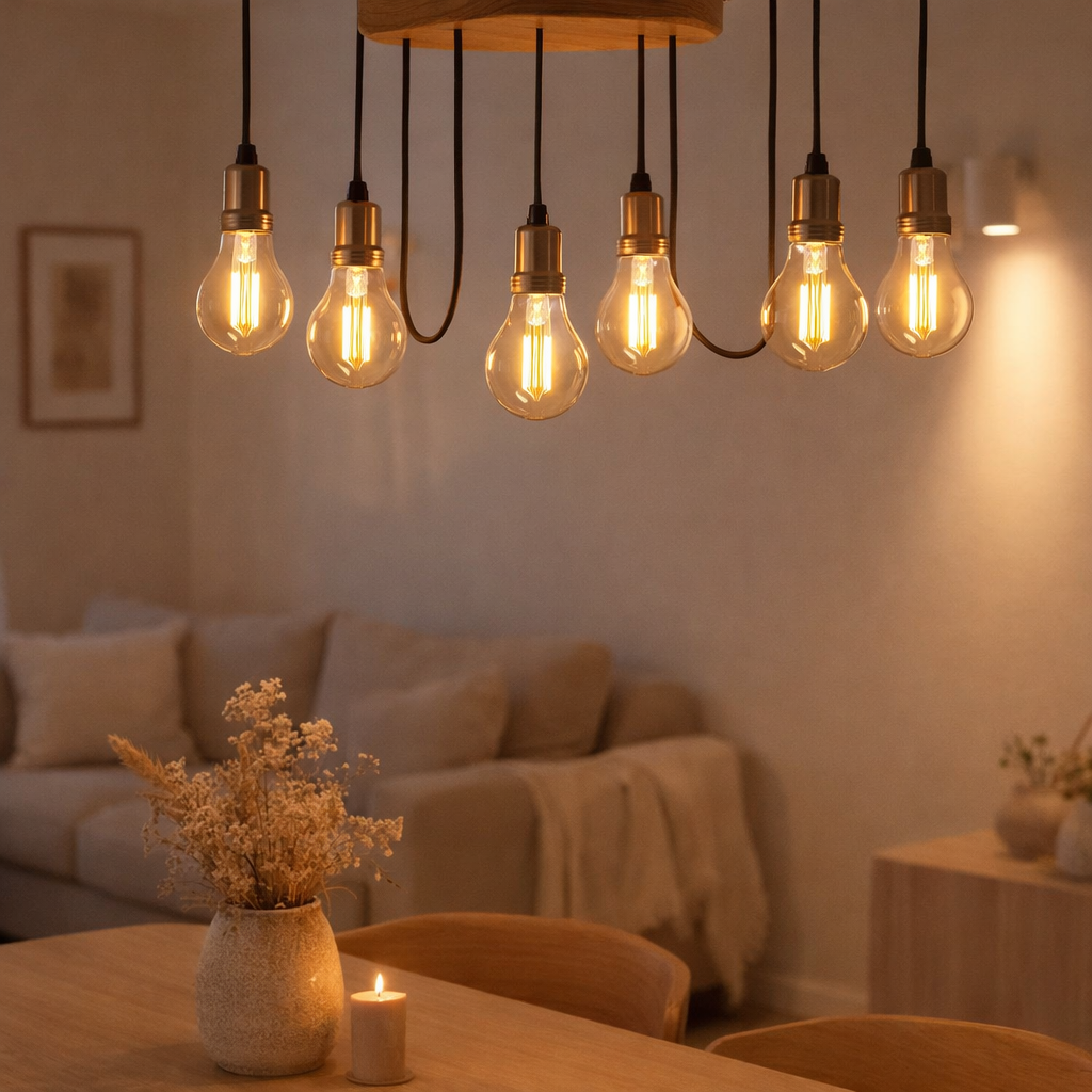 Lampe filamentale à LED 6 set avec e14 version 4 watts, en métal et en verre, clair en situation