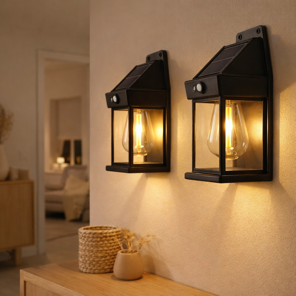 2 Définir la lampe murale solaire Mira env. 17 cm de haut, en plastique noir résistant aux intempéries, LED intégrée en blanc chaud, y compris le détecteur de mouvement et le capteur crépusculaire en situation