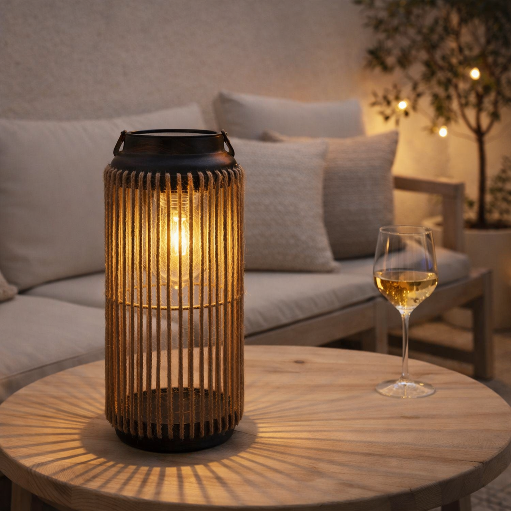 LED SOLAIRE LED KORBINIAN pour le jardin et la terrasse, lampe décorative en métal avec tension de jute dans la nature, LED lampe solaire fermement installée pour l'extérieur 29 x 13 cm en situation
