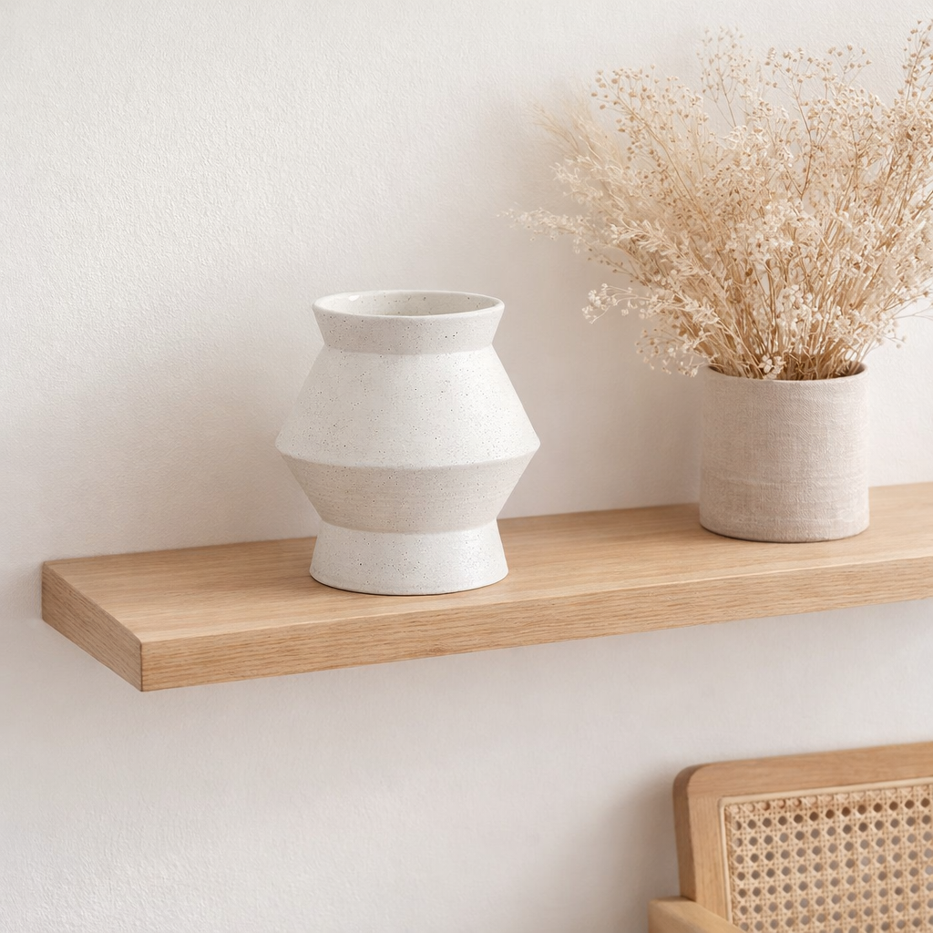 Vase moderne en céramique finition blanc brut, forme ronde angulaire, CUZCO 20 blanc en situation