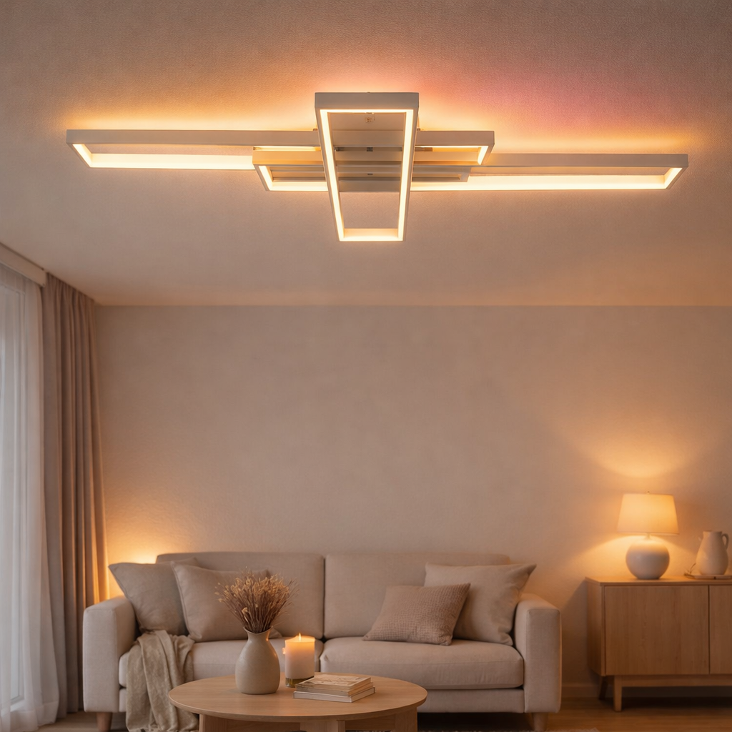 Lampe à plafond CCT LED + BANTY RVB-Backlight avec de nombreuses fonctions, de 95 cm de long, y compris la télécommande en situation