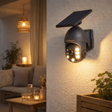 Lampe murale extérieure solaire LED Moho avec détecteur de mouvement et pli de caméra de sécurité, lumière murale en plastique en gris, avec LED intégrée en situation