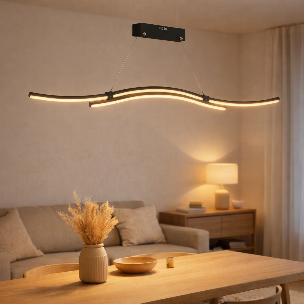 LED PRENDANT LUMIN ONDA, lampe suspendue en métal et en plastique en noir, avec des LED fermement intégrées, l'éclairage pour le salon, la salle à manger ou le bureau, 96 cm de long en situation