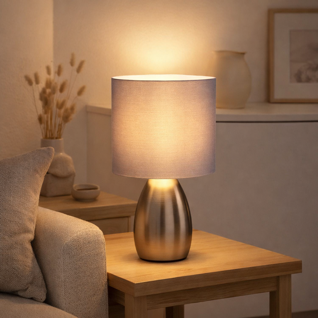 Lampe de table Aurum 33 cm de haut en acier-bean / gris, en métal et textile, avec une douille E14, l'éclairage pour la salle à manger, le salon, le couloir ou le bureau en situation