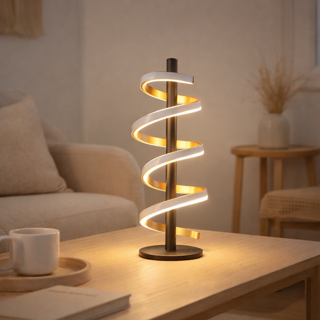 Lampe de table à LED Belleza, lampe de table en métal moderne et en plastique en noir, or et blanc, avec des LED fermement construites, 50 cm de haut, l'éclairage pour le salon, la salle à manger, la chambre ou le bureau. en situation