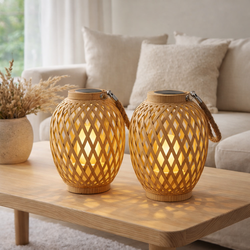 2 Set Basket / Solar Record Cesto, en artstrattan de couleur naturelle, avec capteur crépusculaire, blanc chaud, 24 cm de haut, pour la zone extérieure en situation