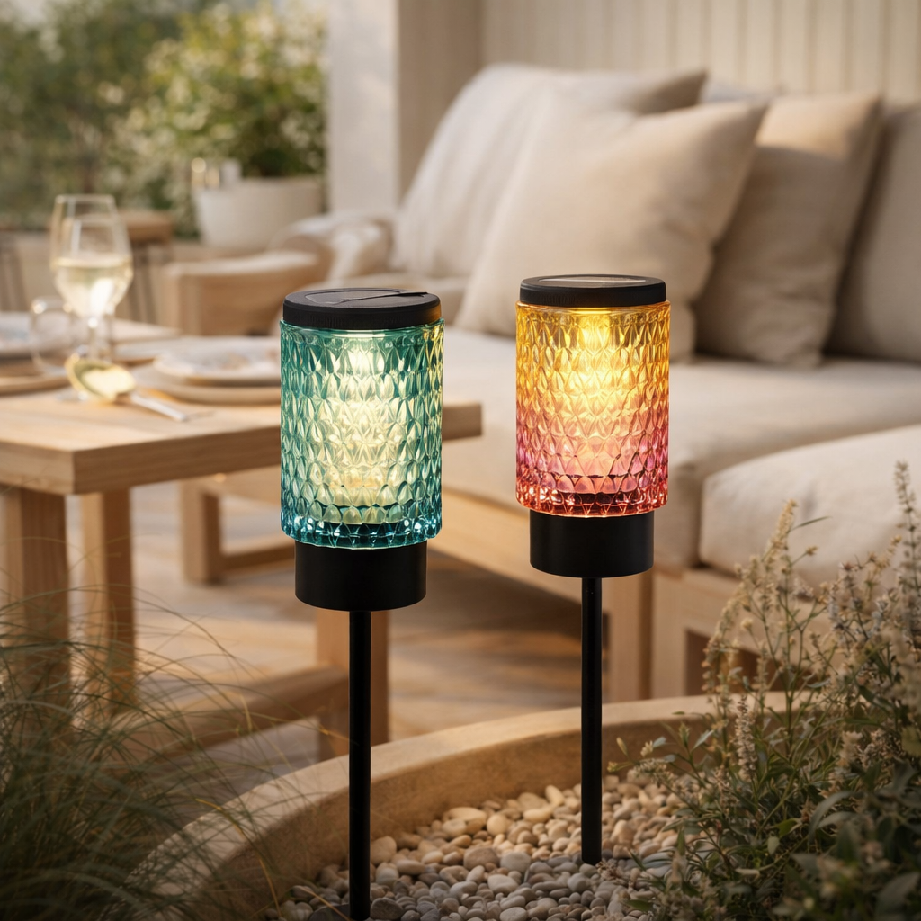 Brochettes décoratives solaires Mila 2 set, Ø 8,3 cm, 25 cm de haut, métal noir, verre lourd et structuré en rouge / jaune et en bleu / vert, LED intégré, blanc chaud en situation