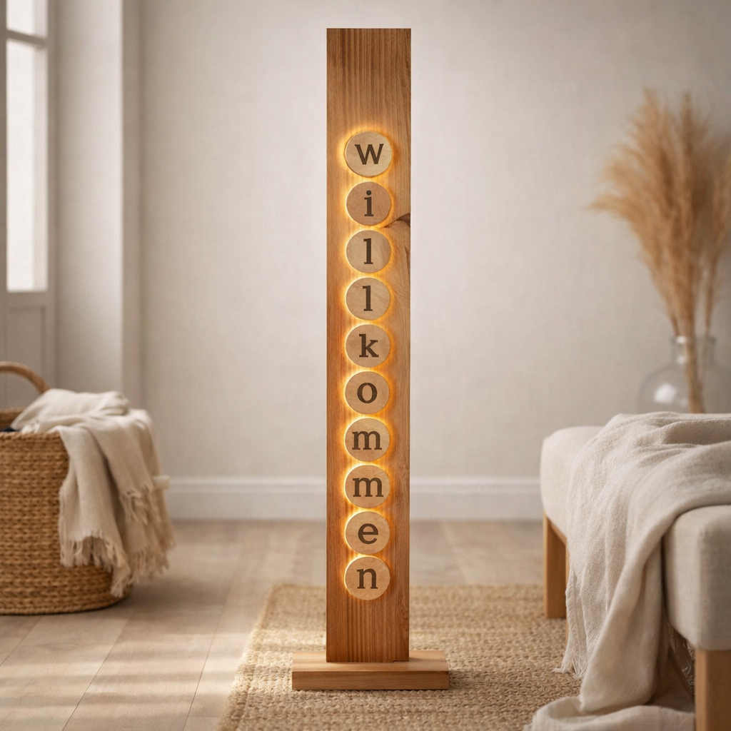 DÉCOLUM DE BOIS LED Bienvenue en bois naturel avec des LED fixes, décoration de Noël pour l'extérieur en situation