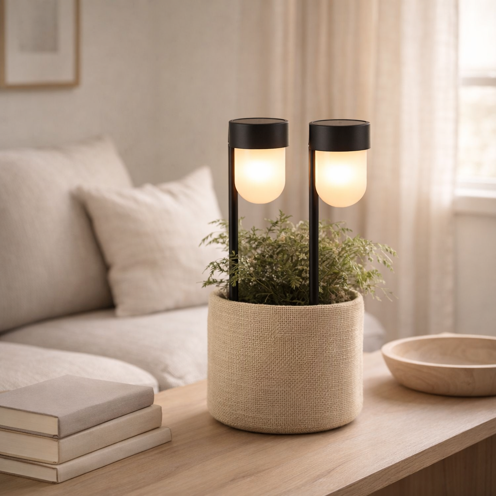 2 coffre-fort solaire LED Sina 47,2 cm de haut, plastique en noir et blanc, LED intégré, blanc chaud en situation