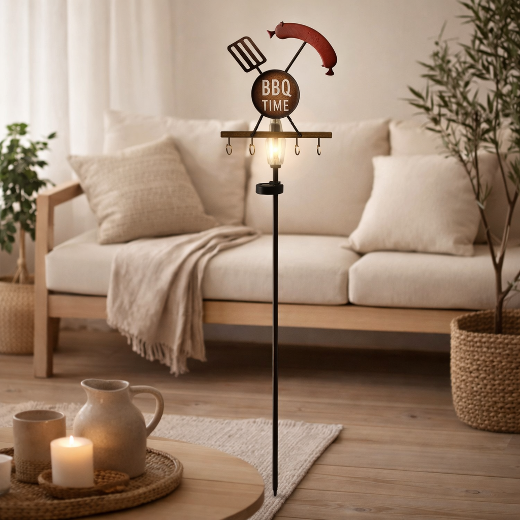 Spit de terre solaire LED H: 130 cm (barbecue), pour les brochettes à l'extérieur, en métal et en plastique en rouille, avec une LED intégrée en situation