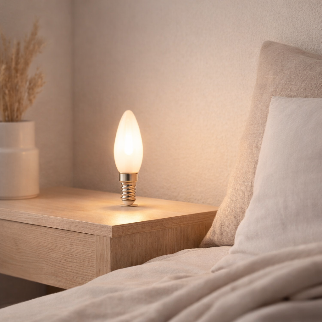 6 Set LED lampe avec douille E14, forme de bougie 4 watts, en métal et verre, laiteux en situation