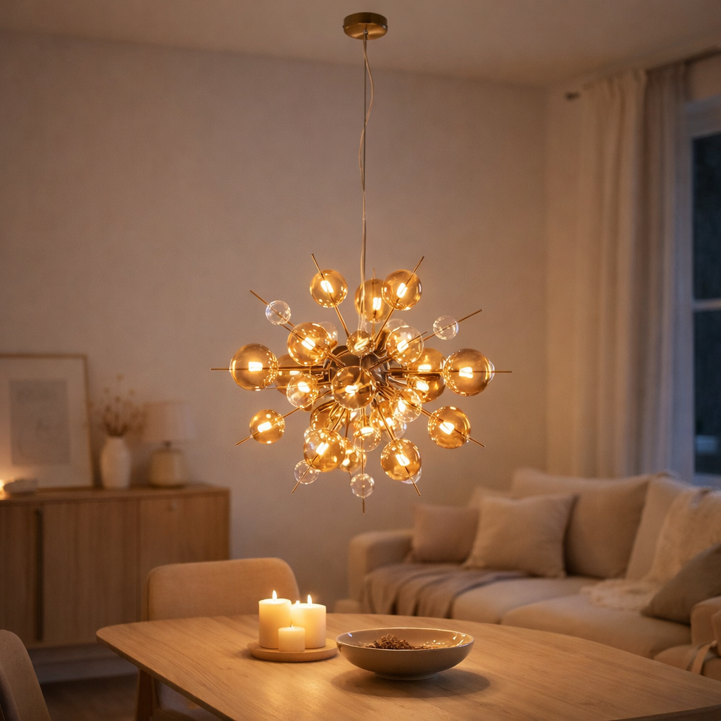 La lampe pendentielle explosion ambre en métal et en verre, versions G9, lampe suspendue pour salle à manger, salon, couloir ou bureau, lampe suspendue Øca. 65 cm en situation
