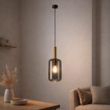 Lampe à 1 pendentif Fumo, lampe à pendentif en métal et en verre en noir, avec une douille E27, pour salle à manger, salon, couloir ou bureau, lampe suspendue 150 x 22 cm en situation